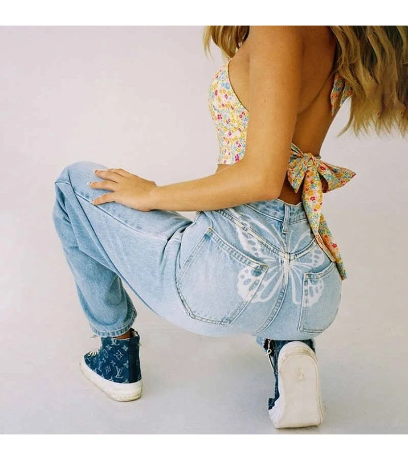 Women Fashion High Waist Butterfly Printing Jeans S-L