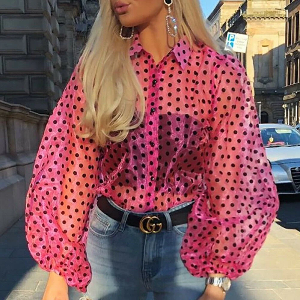 Women Polka Dot Retro Blouse Lady Early Autumn Modern Mesh Shirt See-through Loose Button  Puff Sleeve Blouse High Street Tops