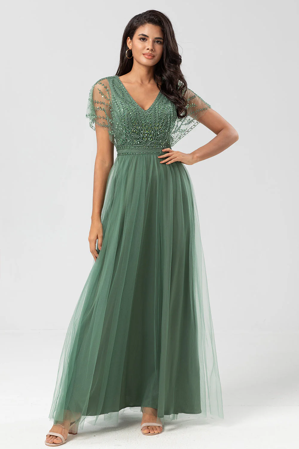 Lvs&Broner Tulle Short Sleeves V Neck A Line Long Prom Dress With Appliques