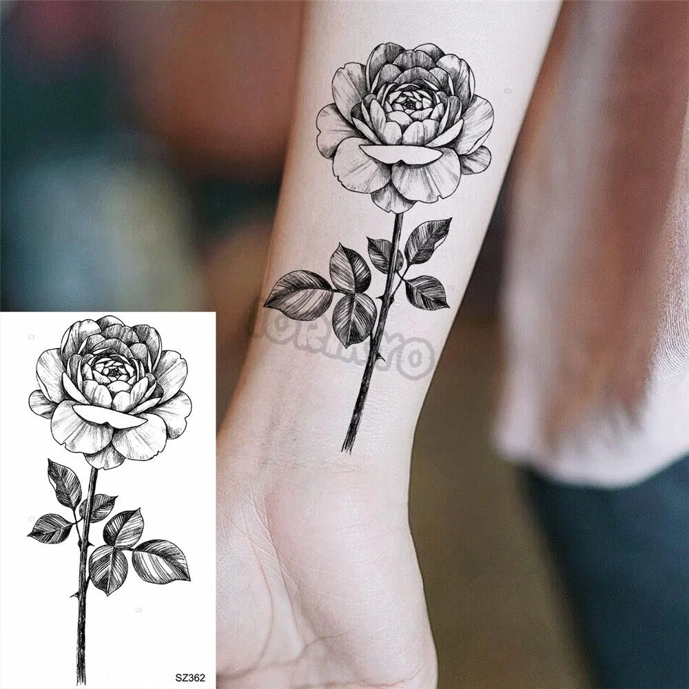 Black Rose Flower Temporary Tattoos For Women Girls Realistic Cosmic Moon Thorns Fake Tattoo Sticker Forearm Tatoos Legs Wedding