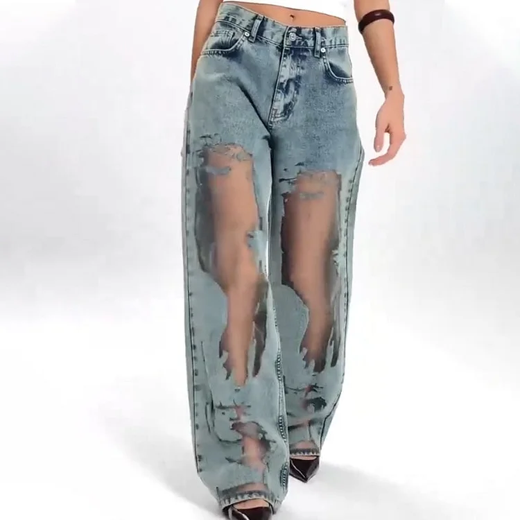 Women’s Vintage Mesh Patchwork Printed Jeans