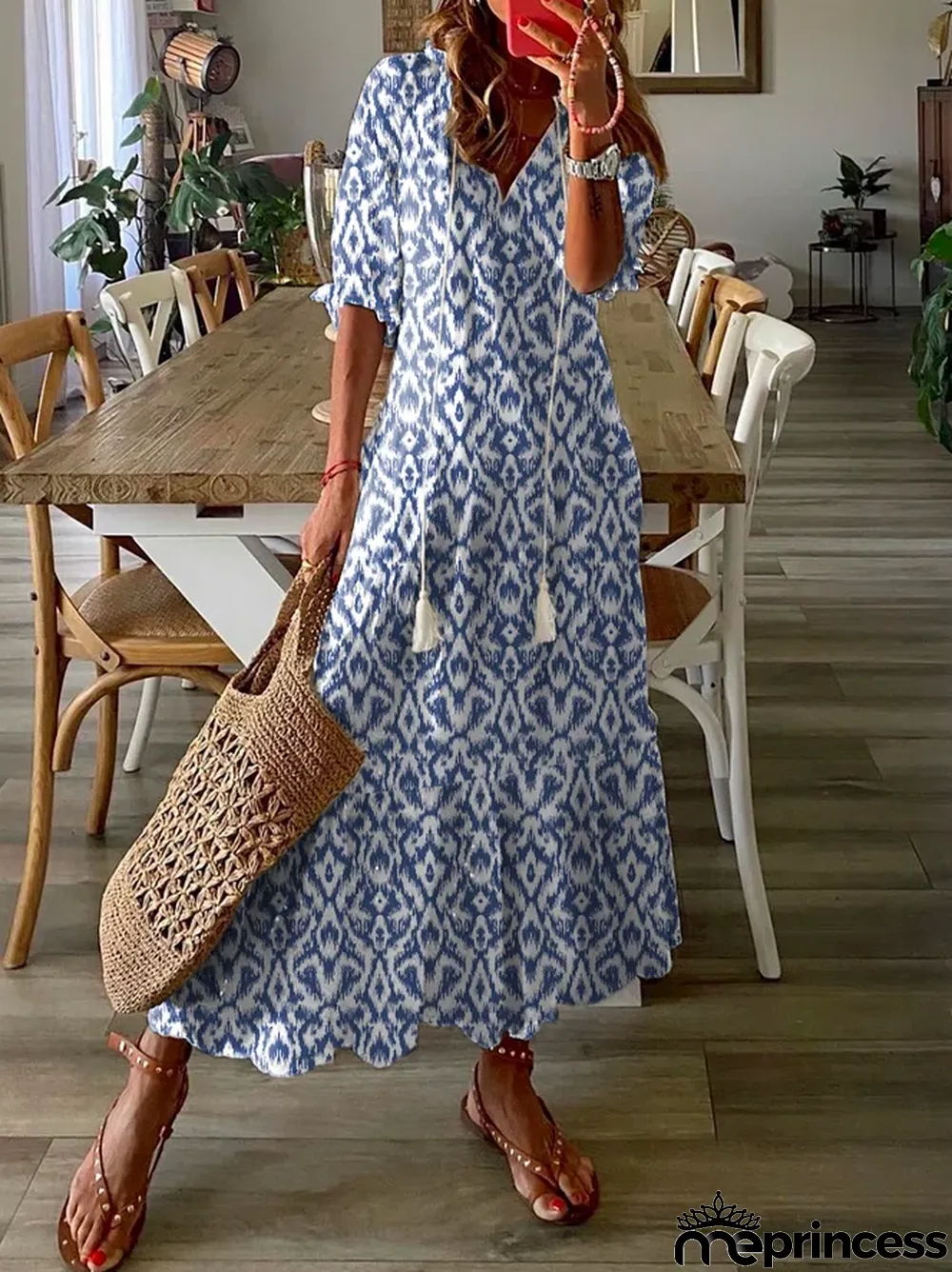 Women's Shift Dress Short Maxi Dress half Sleeve Floral Print Summer Fall V Neck Casual Geometric Printed dress 2022
