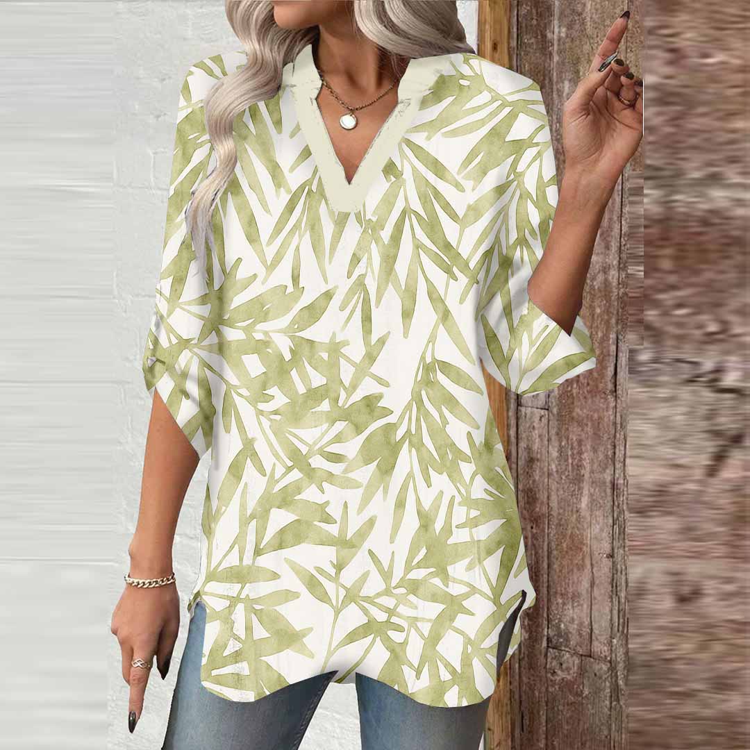 Women Leaves,Green DZGA0274 3/4 Sleeve V-neck Printed Graphic Button Tops