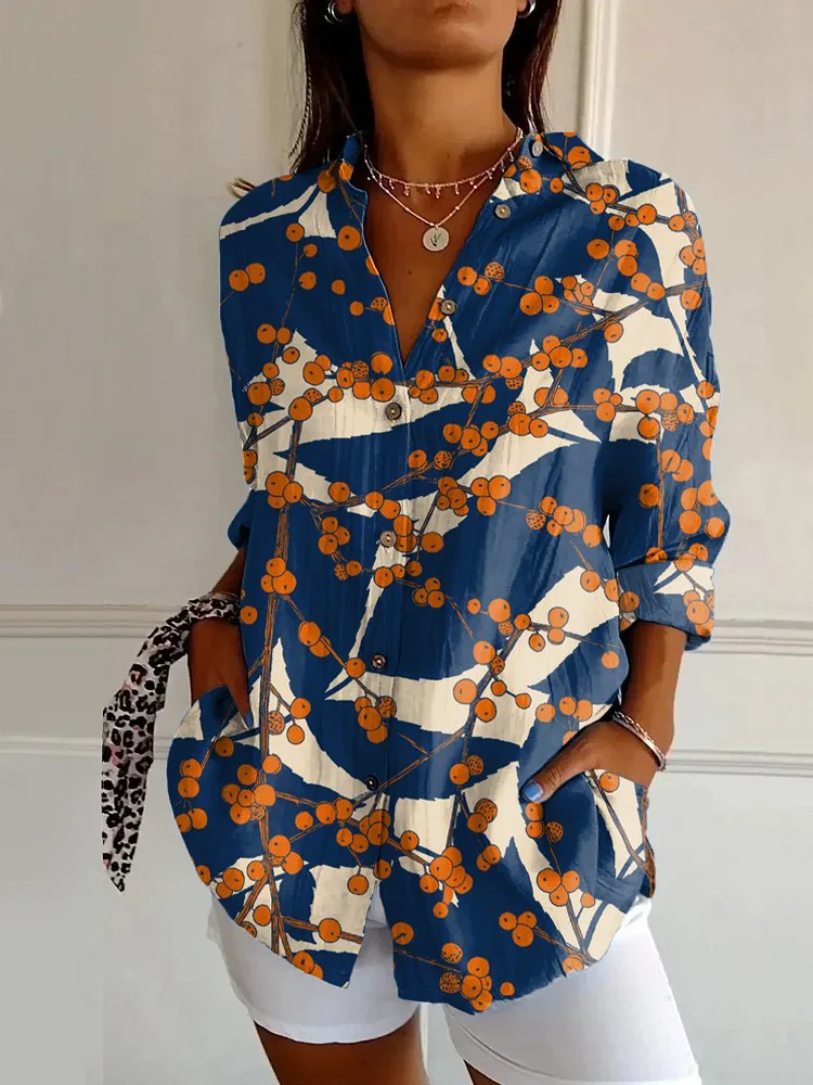 Japanese Art Loquat Floral Print Casual Long-sleeved Shirt