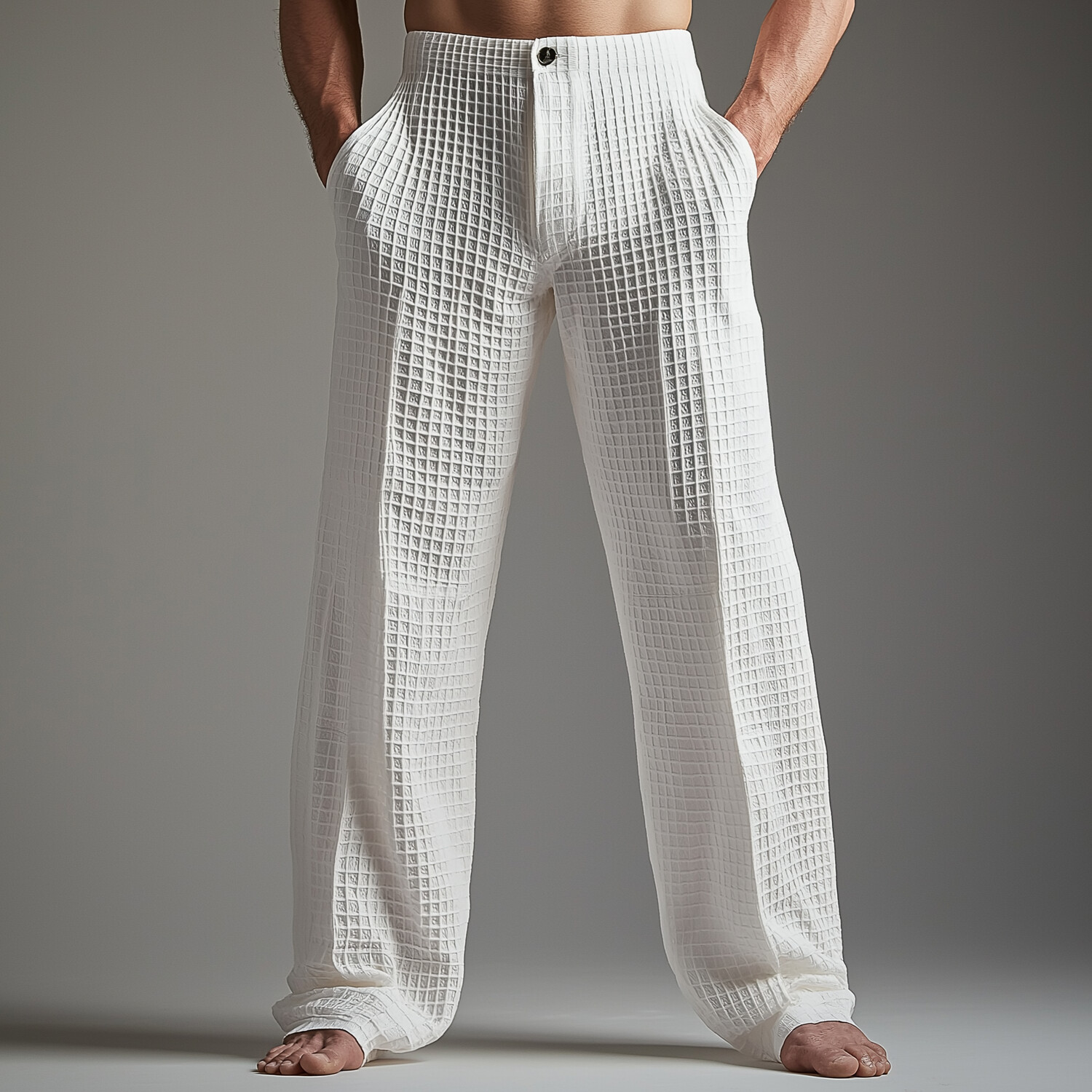 Men's Grid Textured Slant Pocket Button Straight Leg Pants