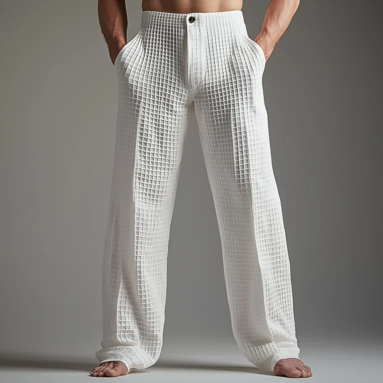 Men's Grid Textured Slant Pocket Button Straight Leg Pants