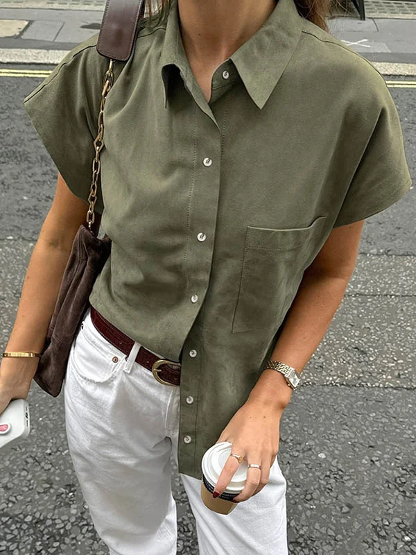 Buttoned Pockets Solid Color Loose Raglan Sleeve Lapel Blouses&Shirts Tops