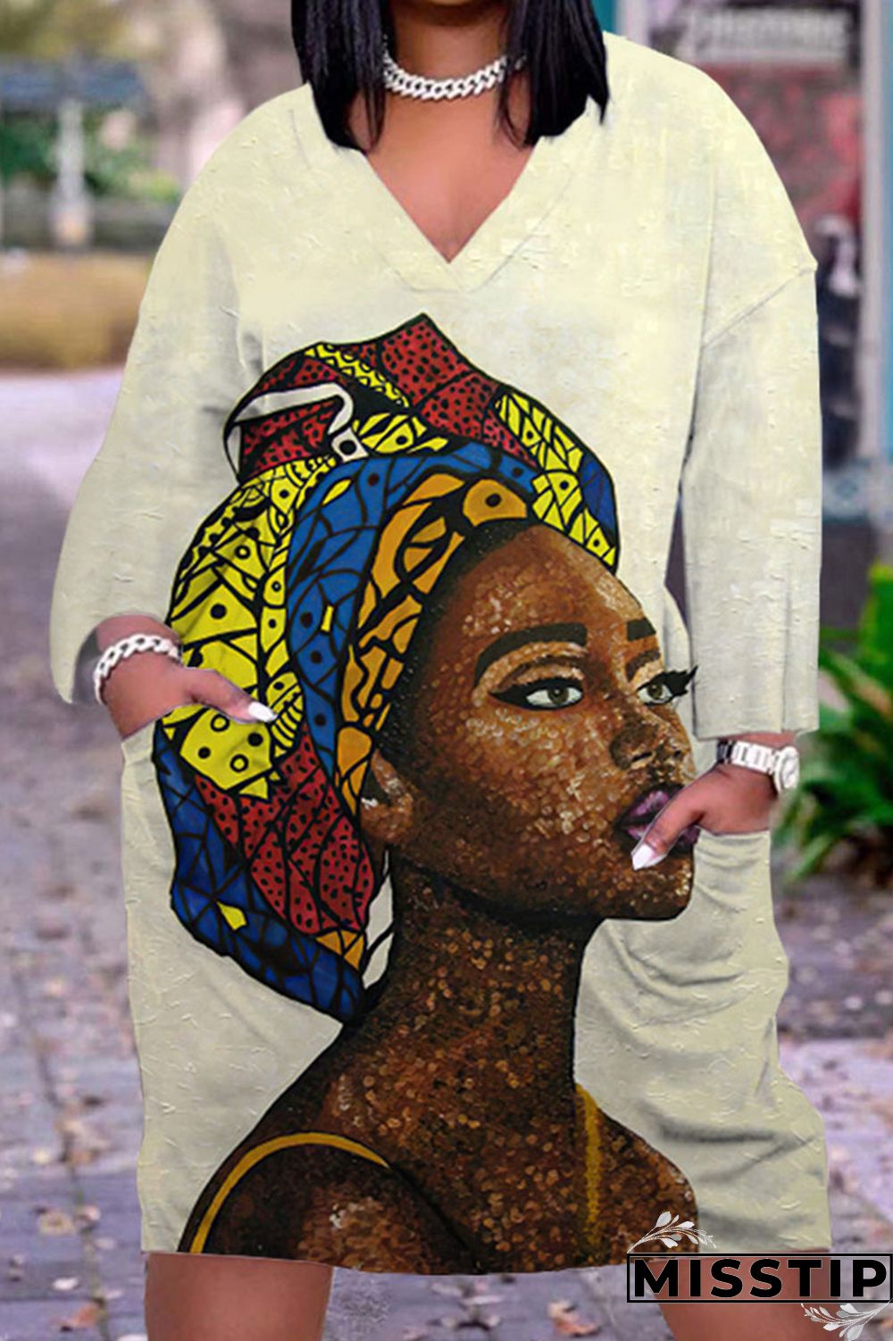 Gray Cyan Casual Print Patchwork V Neck Straight Dresses