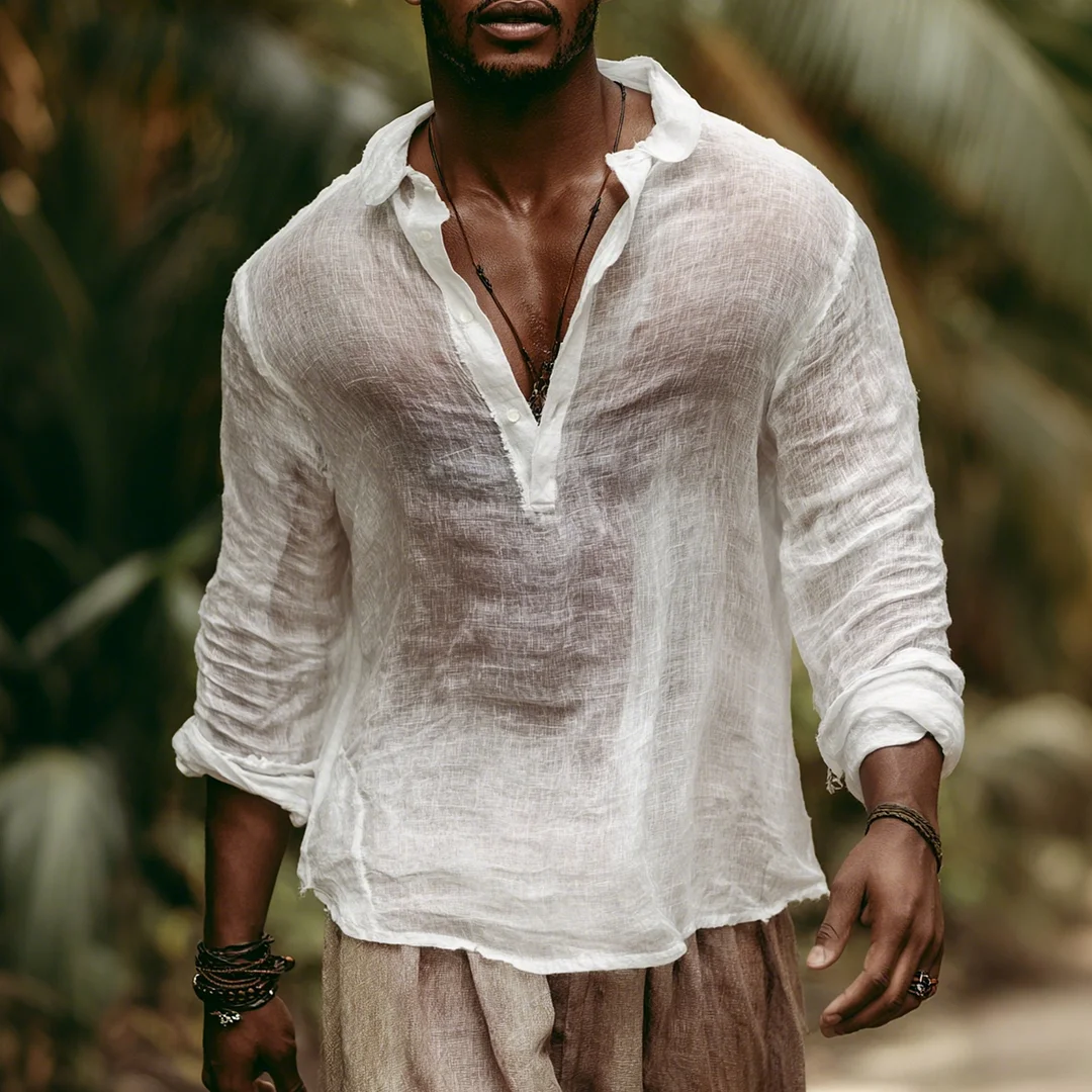 Men's Loose Linen V-Neck Long-Sleeve T-Shirt Jungle Holiday Casual Shirt Collared Top-inspireuse