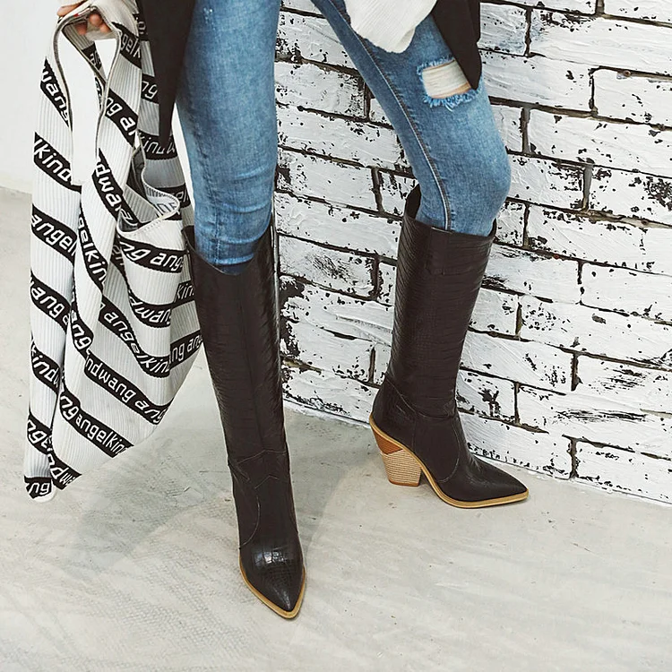 Leisure Leather Pointed Toe Wooden Chunky Heel Cowboy Boots