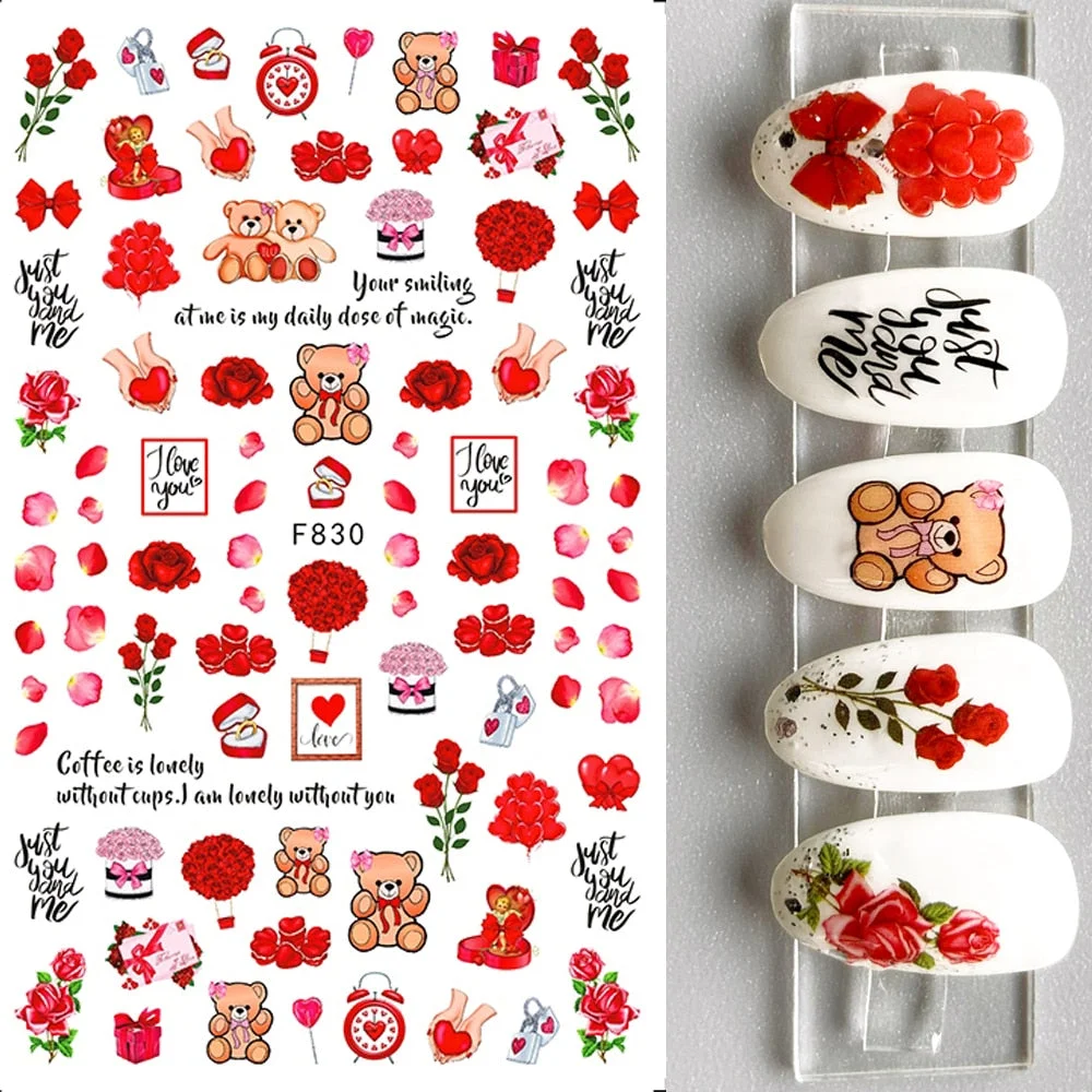 1PC 3D Nail Stickers Red Heart Love Self-Adhesive Slider Nail Art Decorations Valentine's Day Decals Manicure Accessories Tool-Nail Inspo