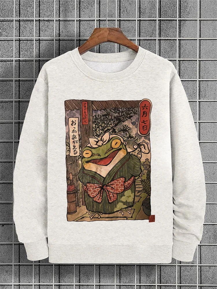 Men's Japanese Frog Illustration Print Cotton Casual Sweatshirt