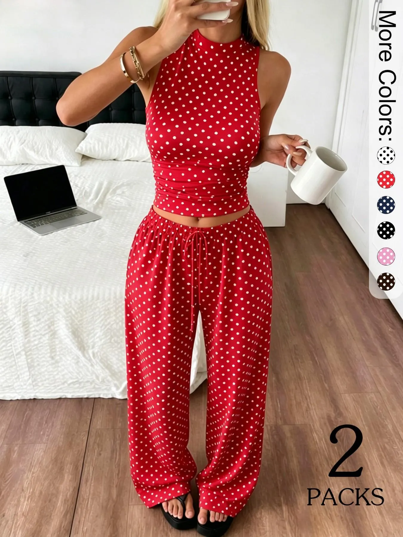 2 Pack Women's Polka Dot Loungewear Set, Sleeveless High Neck Crop Top & Wide Leg Pants, Clean Girl Style Minimalist Summer Outfits with Drop Waist, Slim Fit Lingerie Outfit for Daily Wear & Casual Lounging
