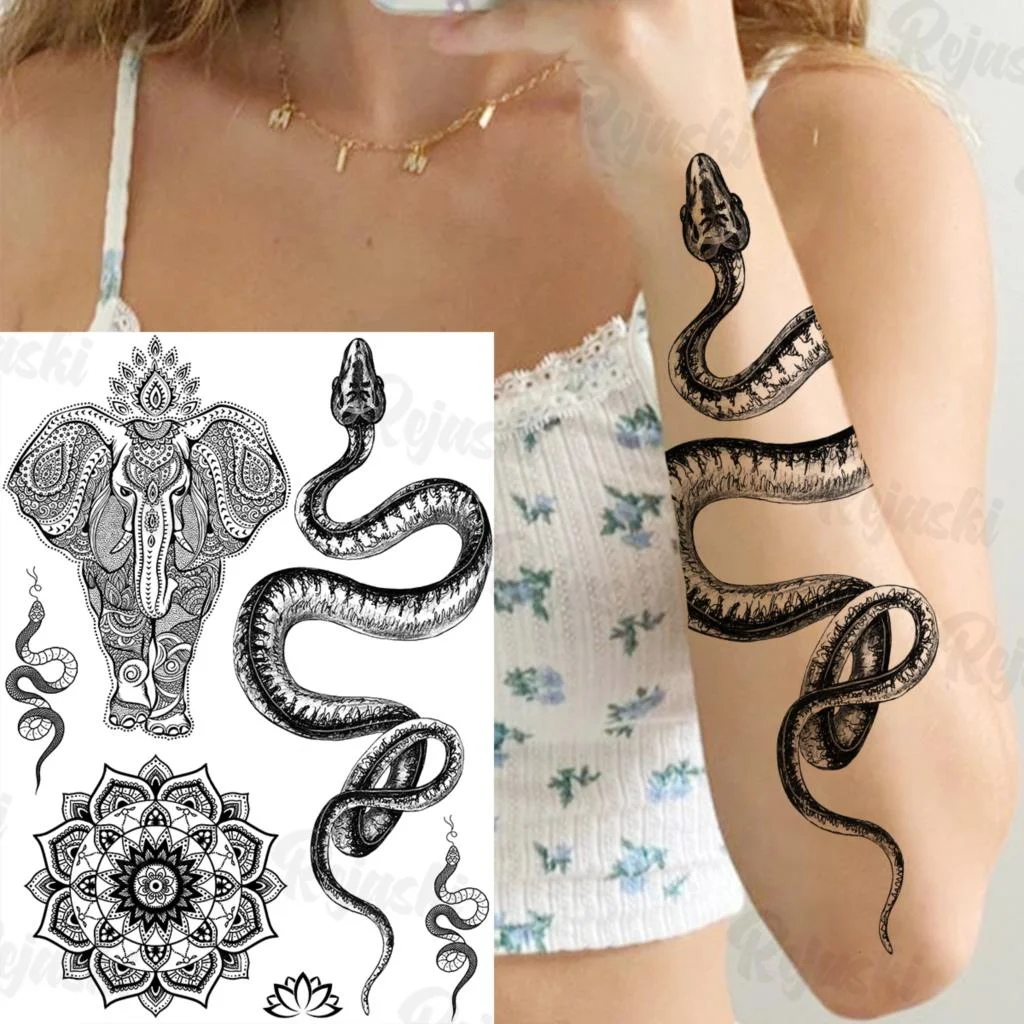 Sdrawing Elephant Pendant Temporary Tattoos For Women Men Lion Butterfly Snake Feather Fake Tattoo Sticker Glamour Back Body Tatoos