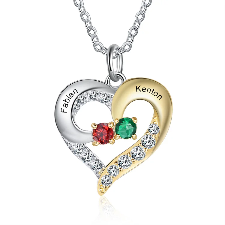 Personalized Diamond Heart Necklace with 2 Birthstones Two Tone Necklace