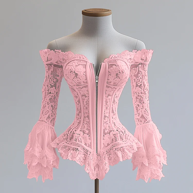 Ursime Lace Off Shoulder Flare Sleeve Irregular Hem Zipper Blouse