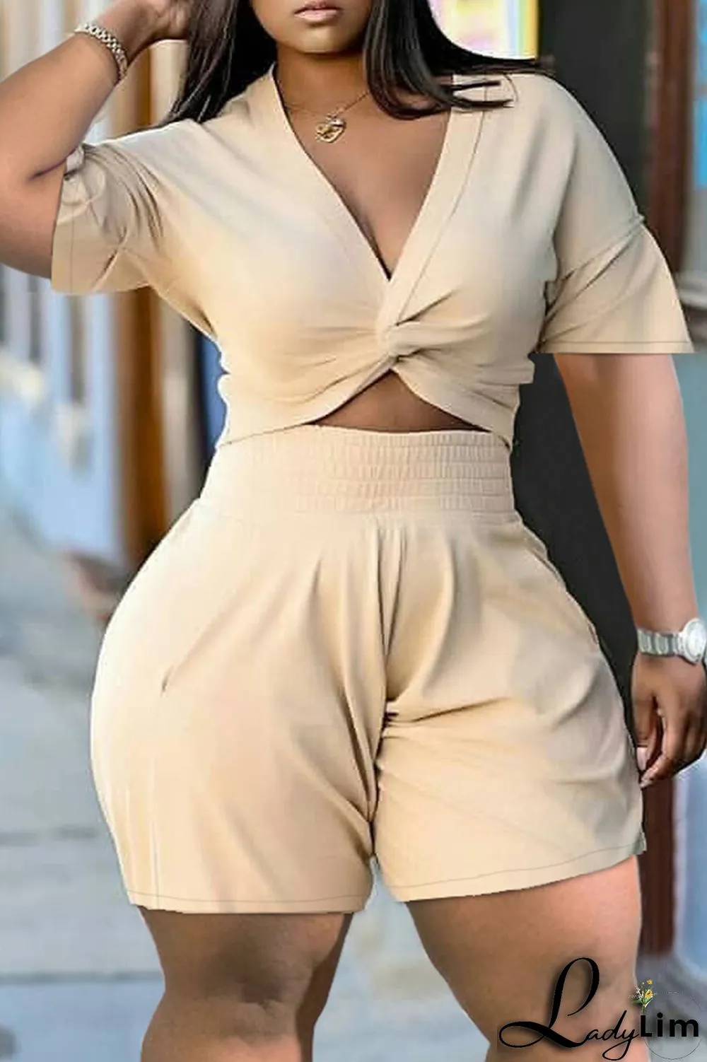 Grey Fashion Casual Solid Basic V Neck Short Sleeve Two Pieces