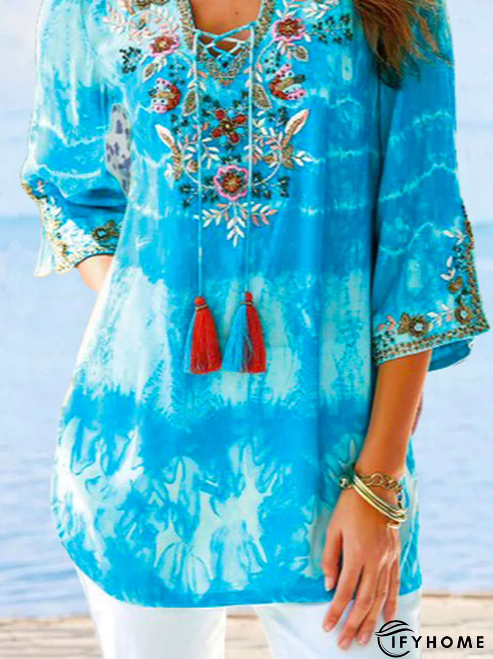 V Neck Vacation Loosen 3/4 Sleeve Top | IFYHOME