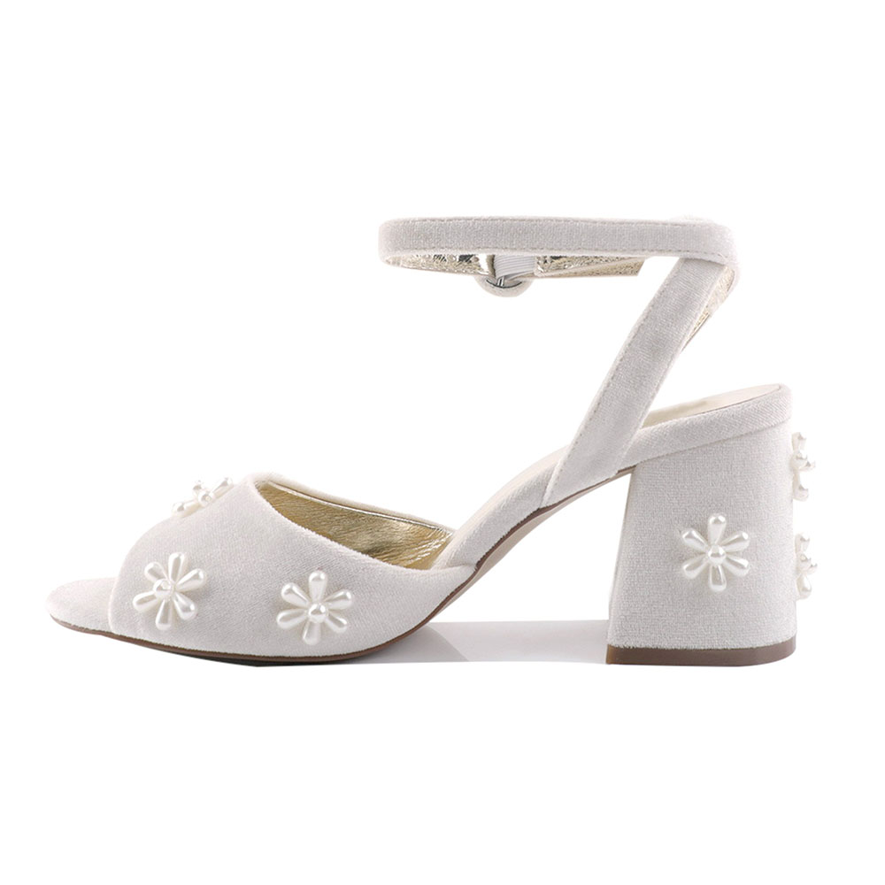 White Velvet Pearl Flower Wedding Shoes Open Toe Block Heel Sandals