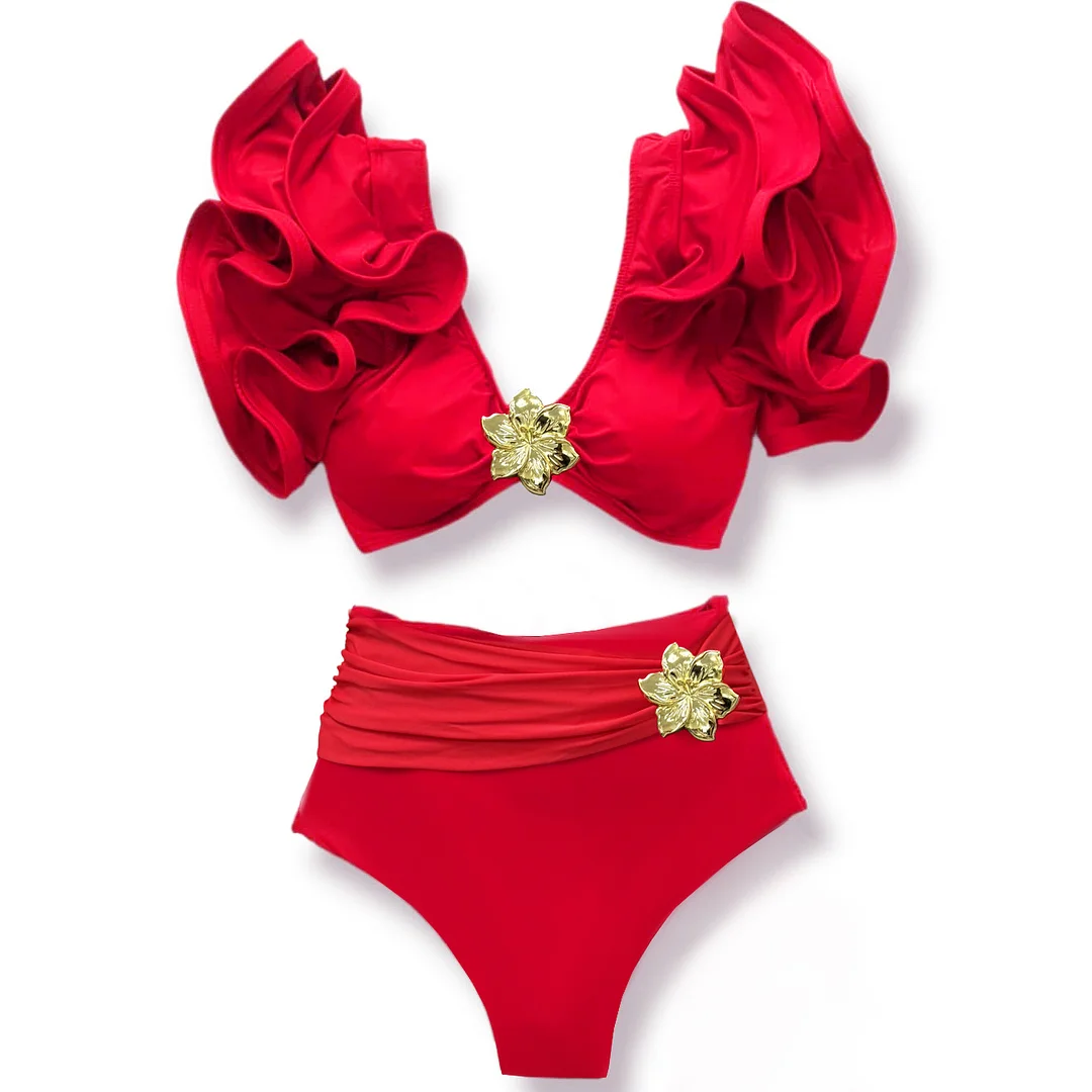 Uveng Solid-Color High-Waisted Bikini 2025 New Split Swimsuit Female Lotus Edge Bikini Export Swimsuit