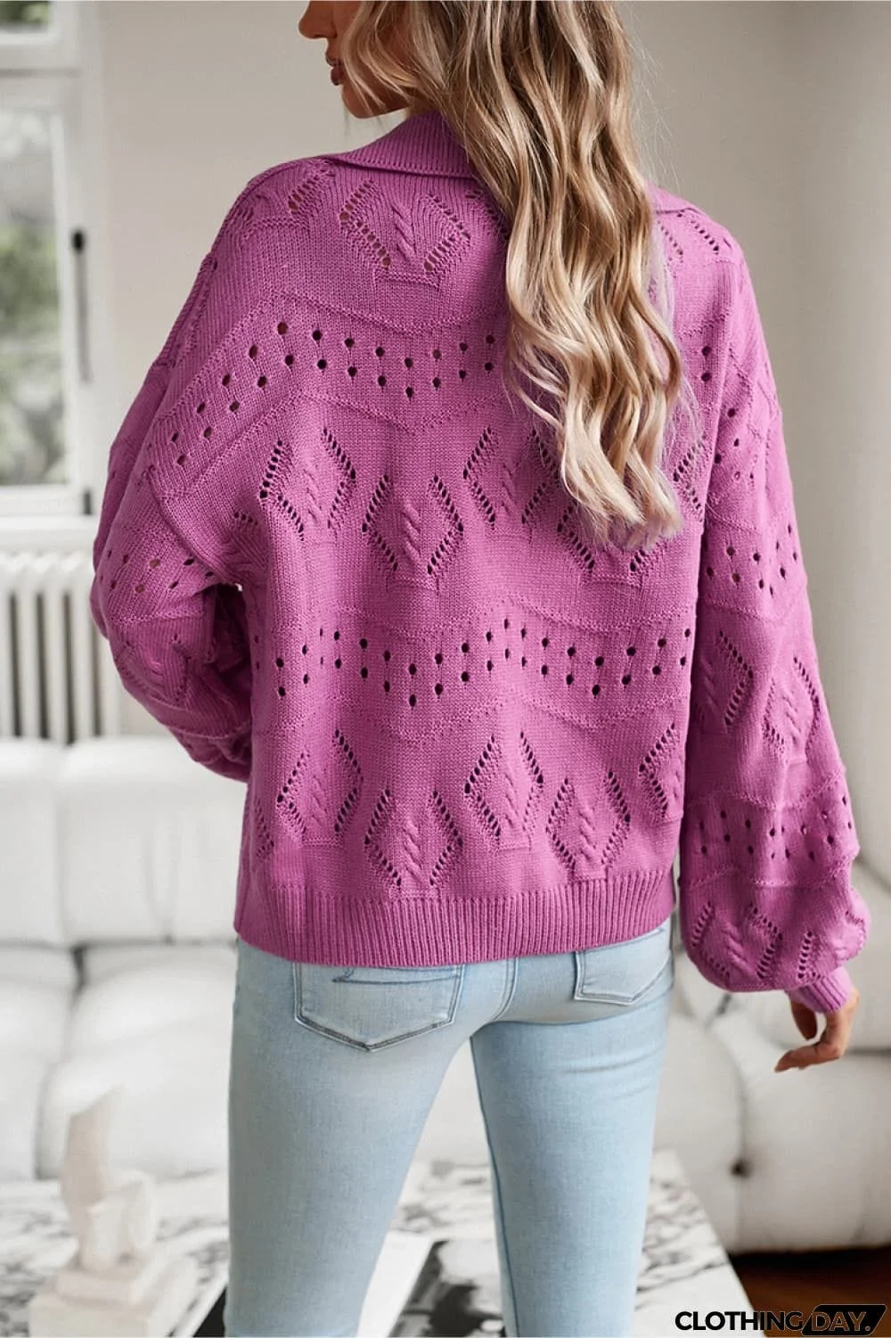 Openwork Long Sleeve Notched Neck Sweater