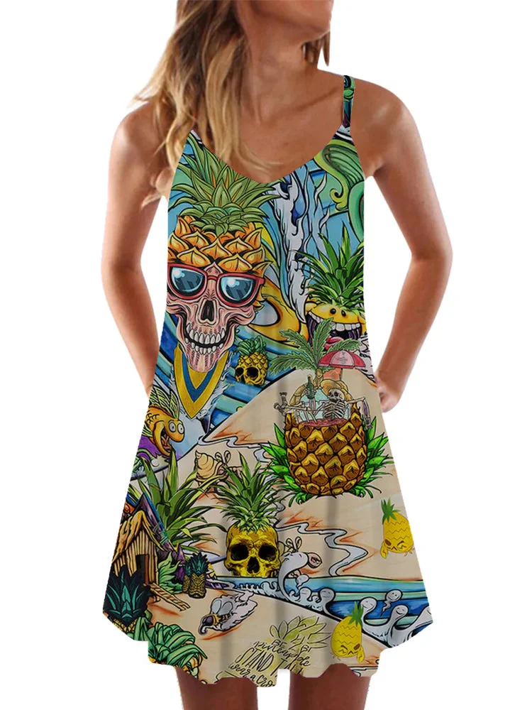 Psychedelic Beach Skull Pineapple Printing Carnival Hawaiian Sleeveless Camisole Dress