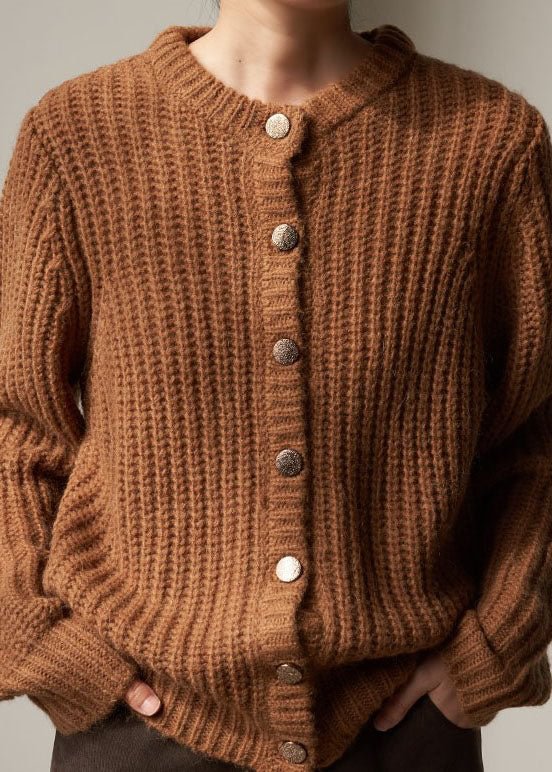 Classy Brown Button Woolen Knit Loose Coat Winter CK1025- Fabulory