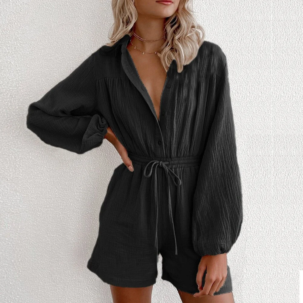 2021 Fashion Casual Single Breasted Button Jumpsuit Women Elegant Solid Elastic Waist Drawstring Short Rompers Lady Overalls