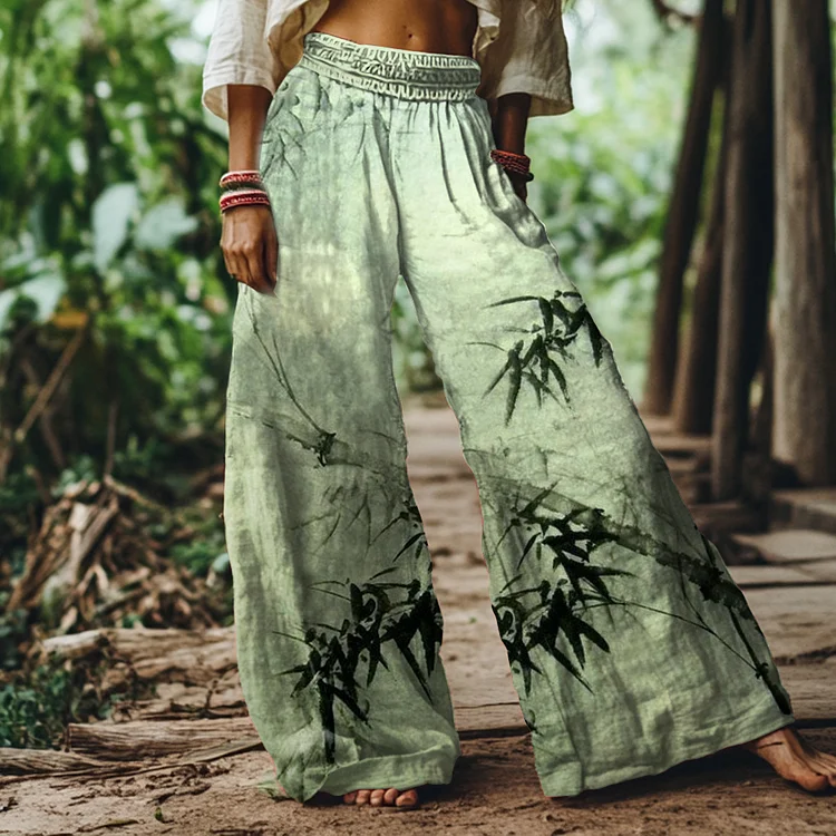 Vintage Bamboo Art Print Loose Wide Leg Pants
