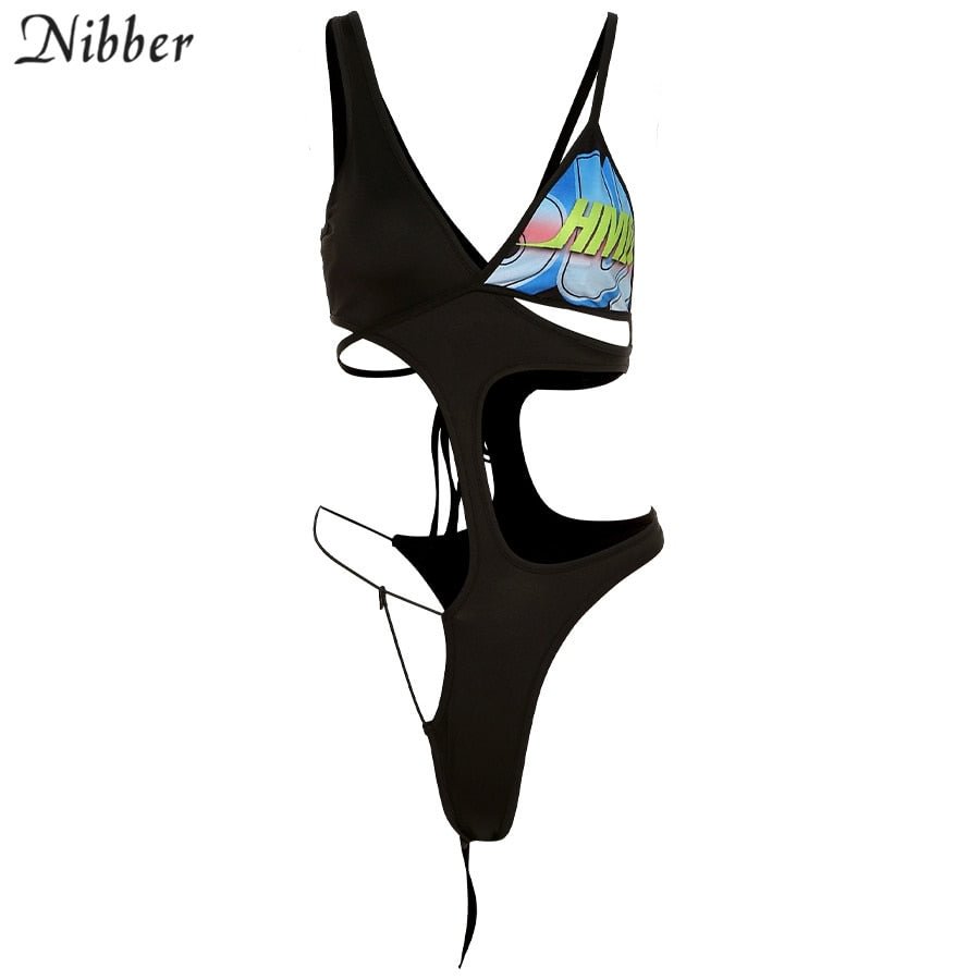 Nibber Sexy Hollow Out Bandage Low Chest V Neck Fashion woman Halter Club Streetwear Summer 2021 New Casual Skinny Bodysuit Hot