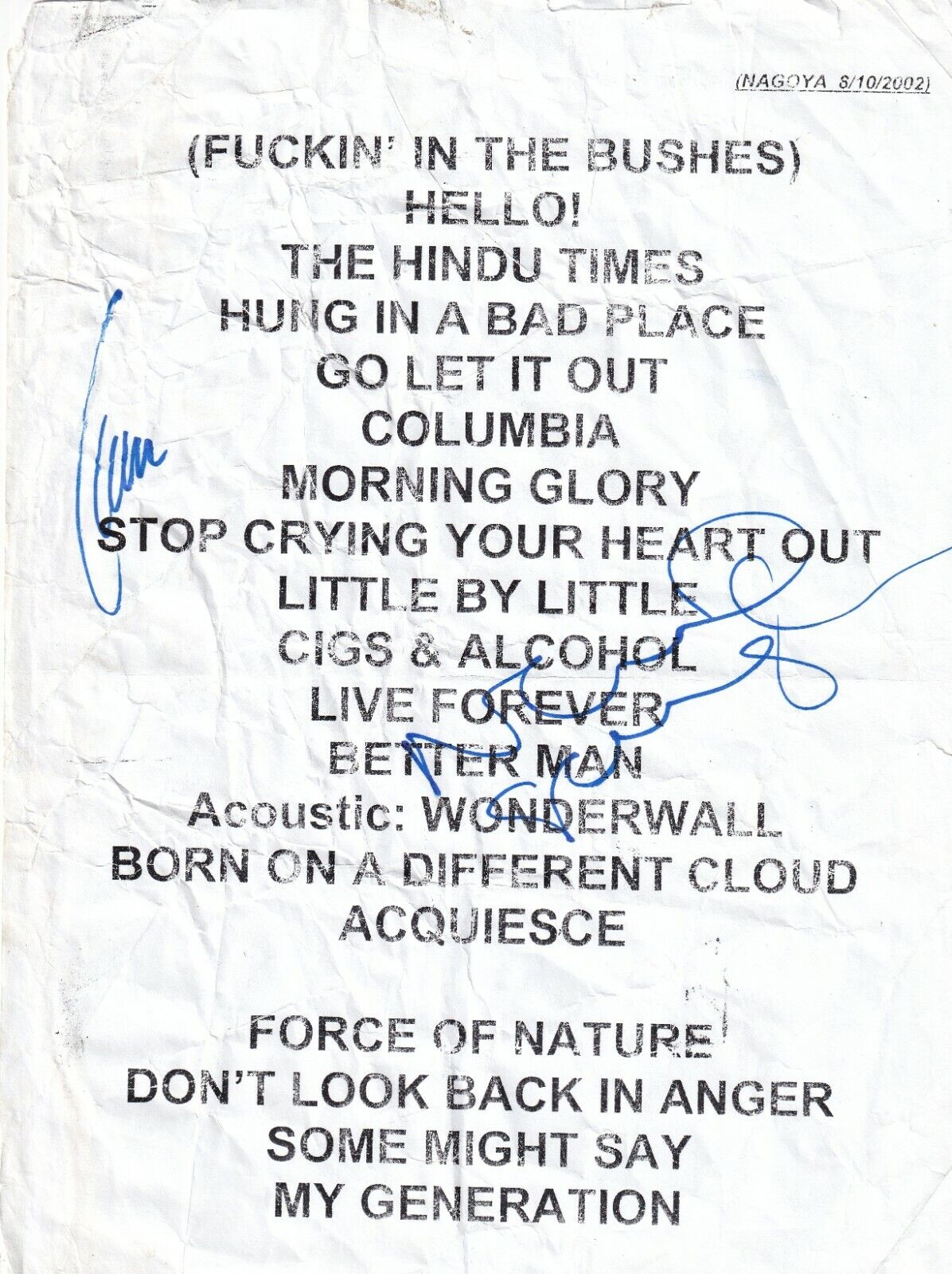 Oasis REAL hand SIGNED Concert Setlist JSA LOA Autographed Noel & Liam Gallagher