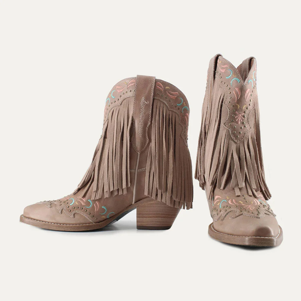 Light Brown Studded Snip Toe Fringe Embroidery Western Boots for Women