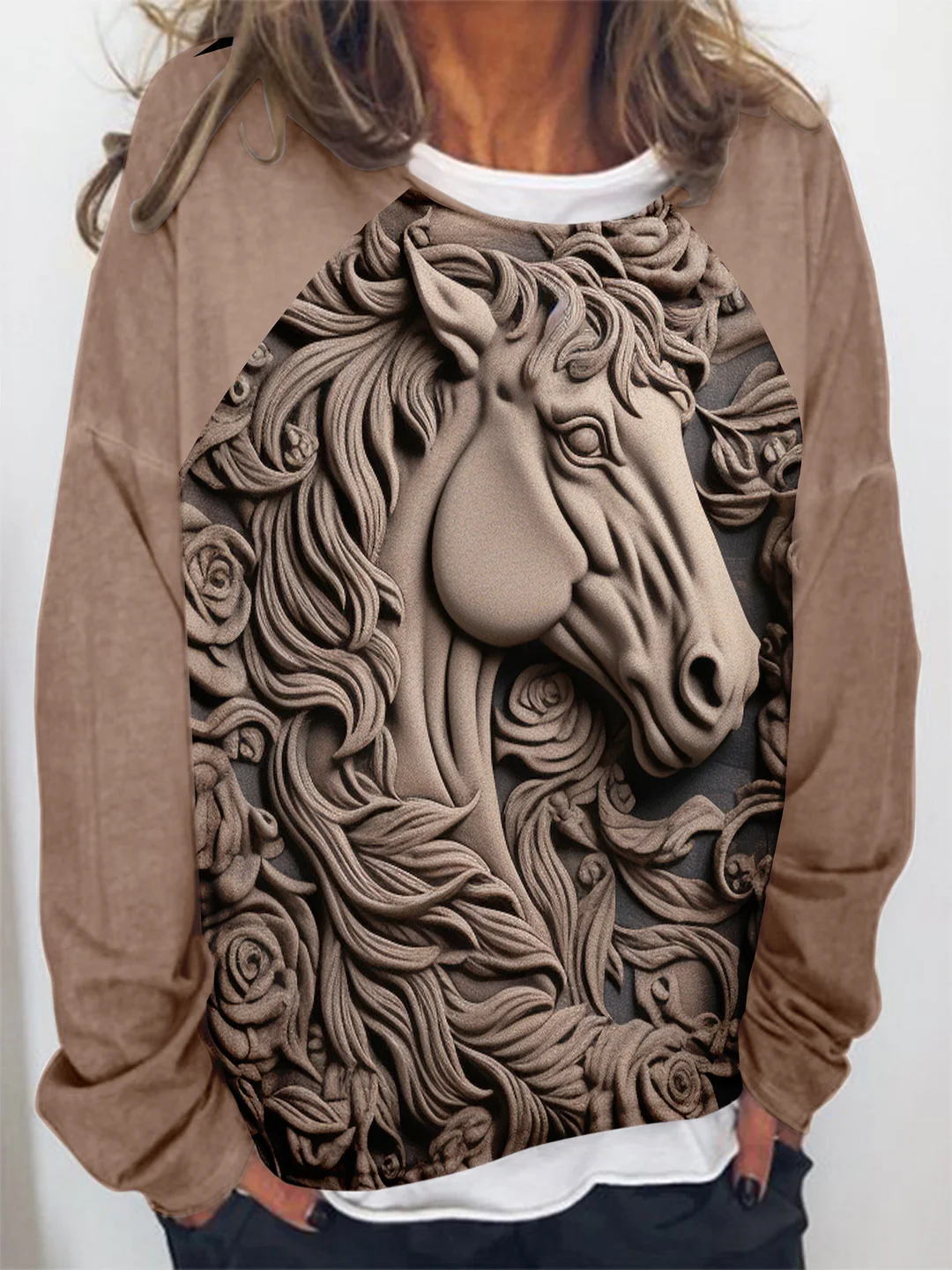 Round Neck Casual Horse Print Sweatshirt