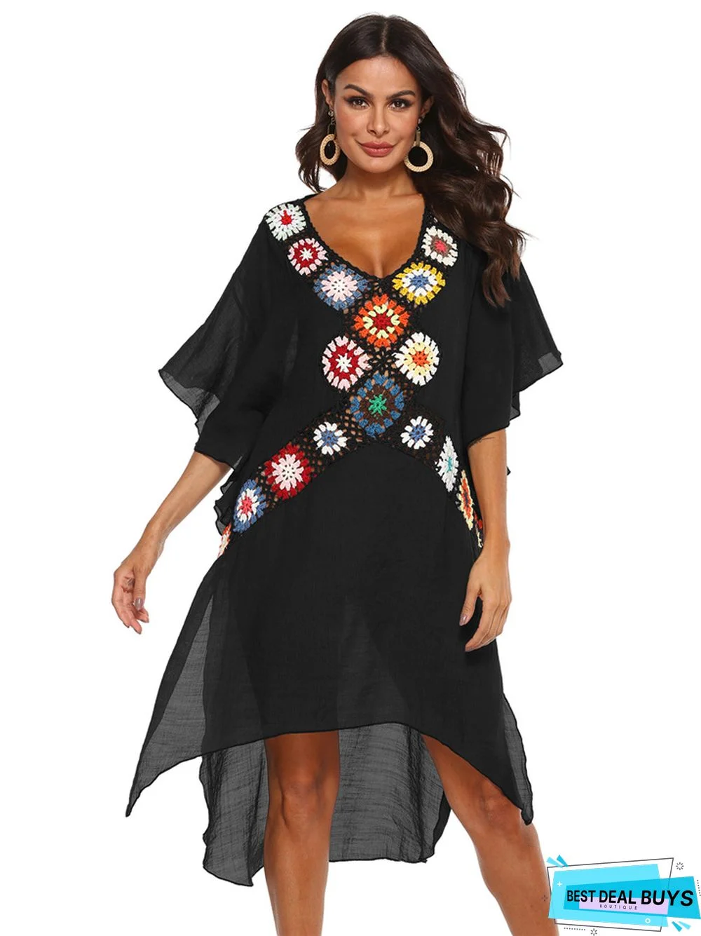 Sexy Deep V Stitching Beach Bikini Blouse Irregular Split Dress