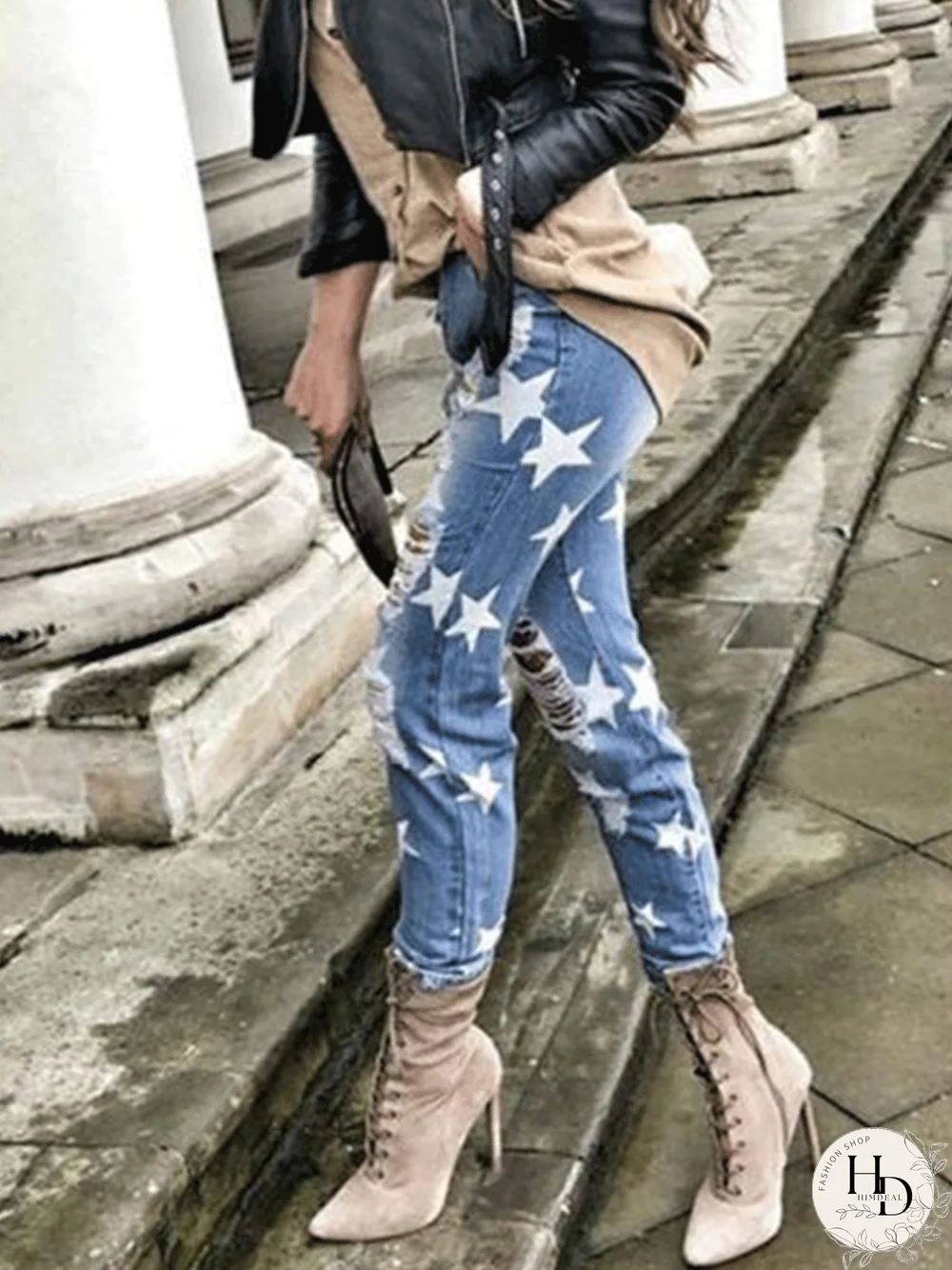 Casual Plus Size Star Ripped Distressed Denim Jeans Jeans