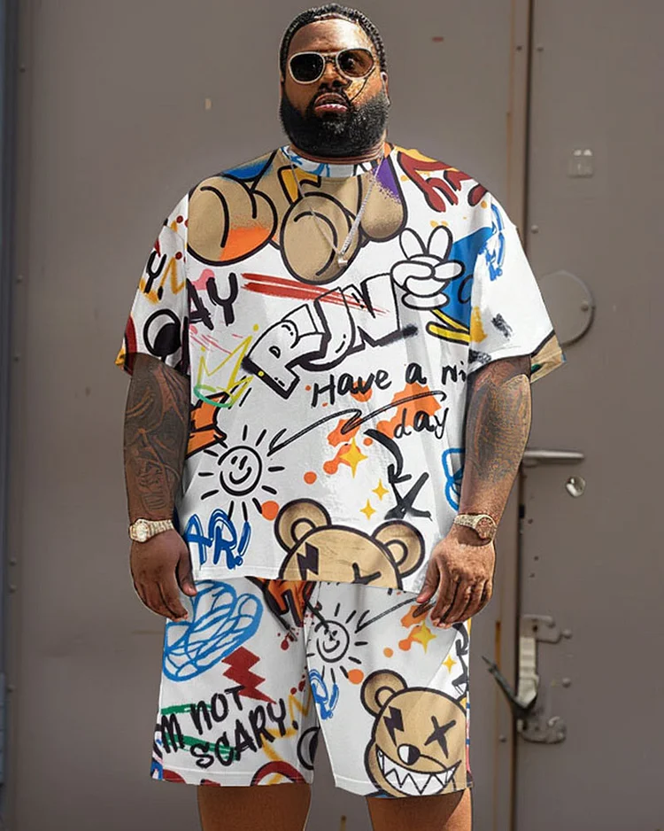 Men's Plus Size Street Casual Graffiti Bear Alphabet Print T-Shirt Shorts Suit