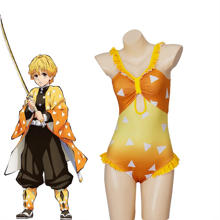 Demon Slayer Women's Agatsuma Zenitsu Sexy Bikini Suit Swimwear Cosplay Costume