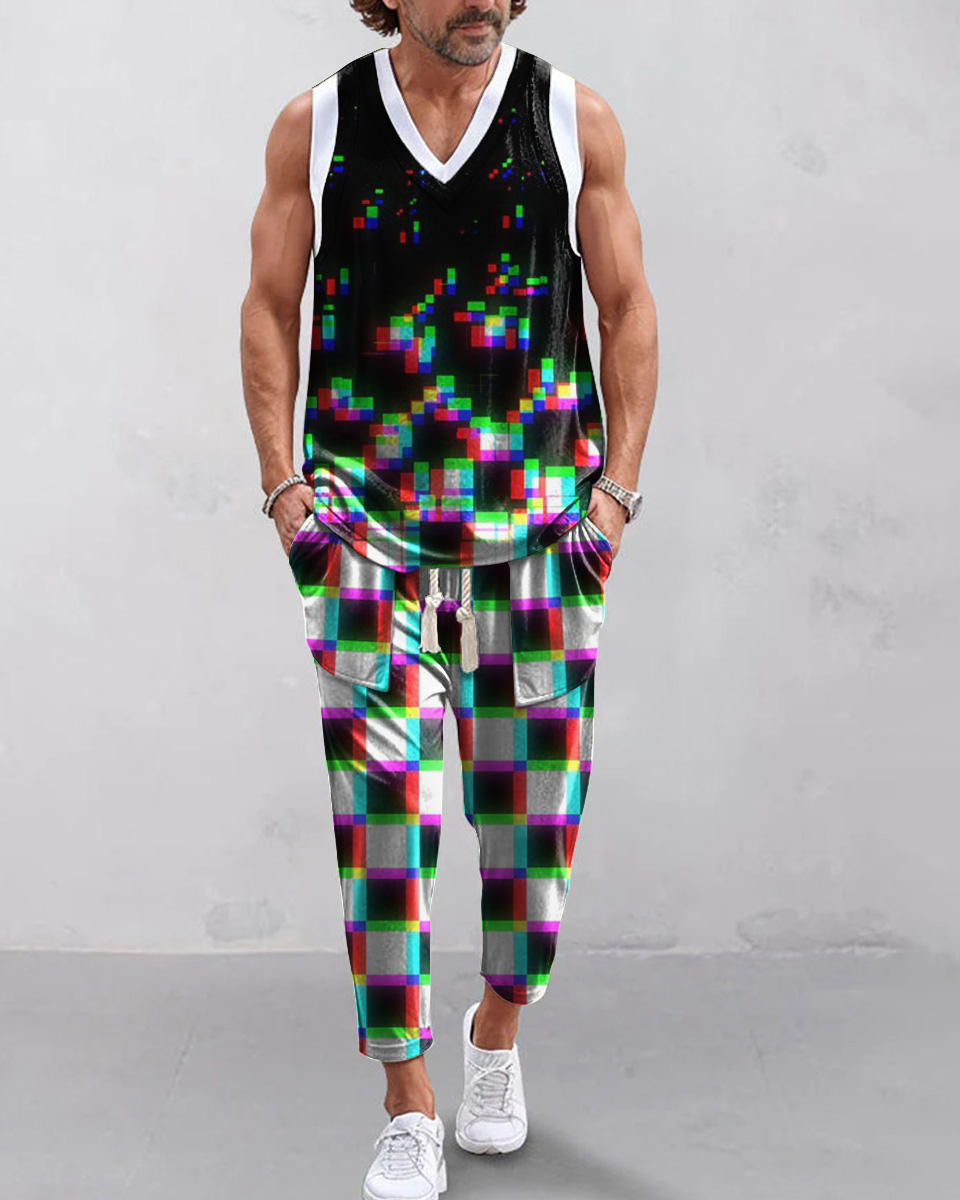 Men's daily casual V-neck vest with trousers Set 012