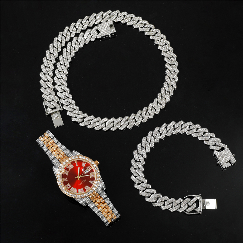 13MM 3pcs Iced Out Watch+Prong Cuban Chain+Bracelet Hip Hop Jewelry Set-VESSFUL