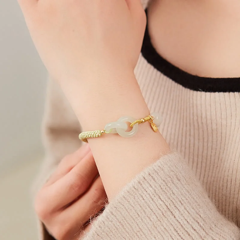 Natural Hetian Jade Bead Double Peace Buckle Fu Character Abundance Braided Bracelet