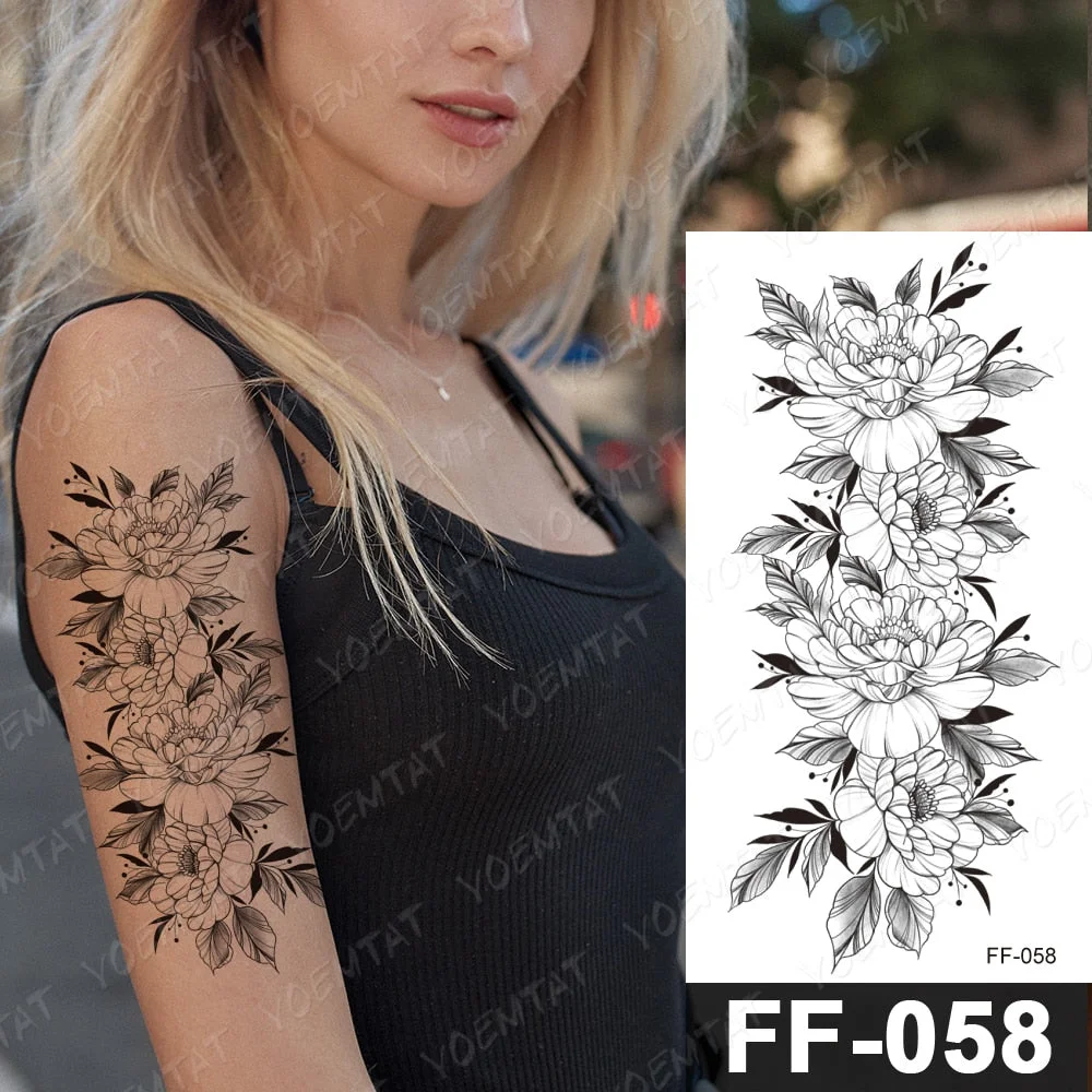Waterproof Temporary Tattoo Stickers Peony Rose Flower Gun Flash Tattoos Female Black Sketch Body Art Arm Sexy Fake Tatto Male