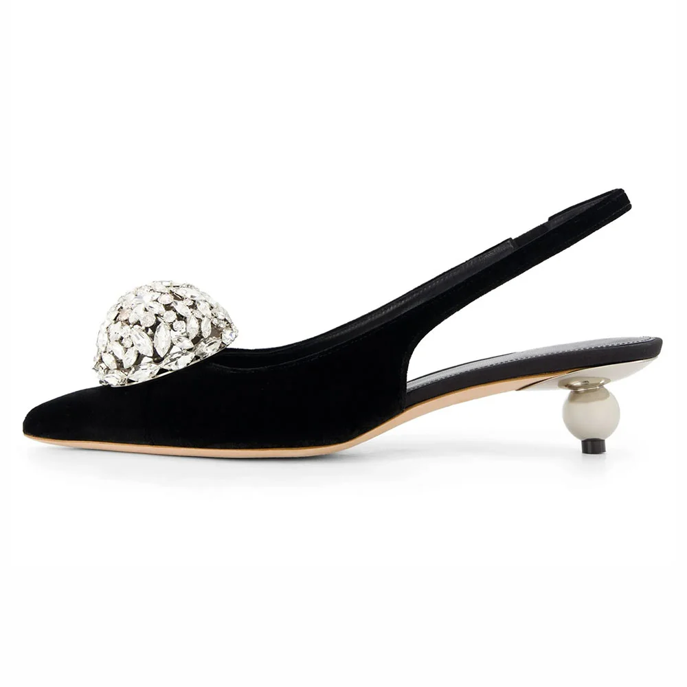 Black Pointed Toe Sculptural Heel Rhinestone Slingback Pumps