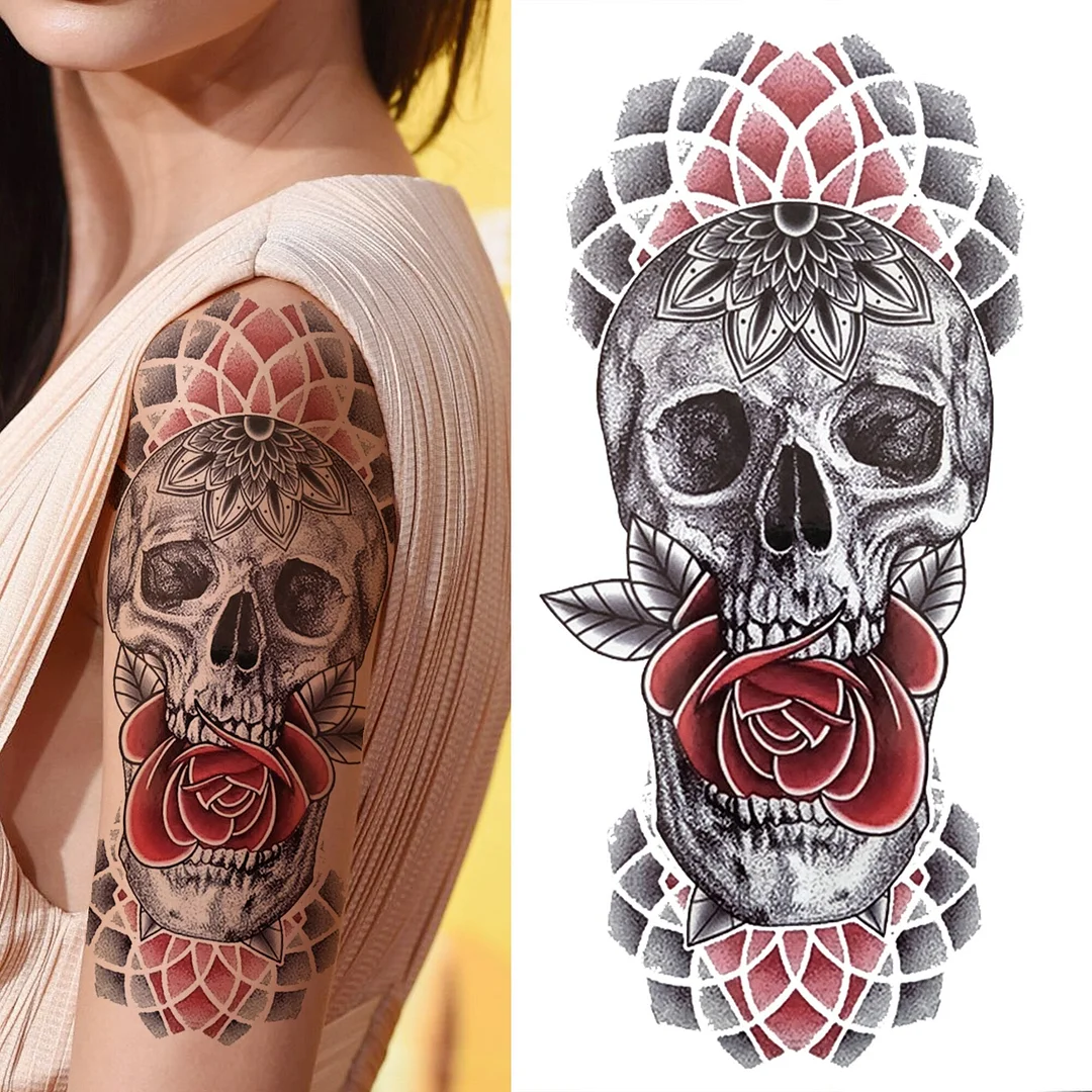 Cross Lion Temporary Tattoo For Women Men Adult Skull Tiger Wolf Forest Tattoo Sticker Black Fake Realistic Demon Tatoos Forearm 530-1