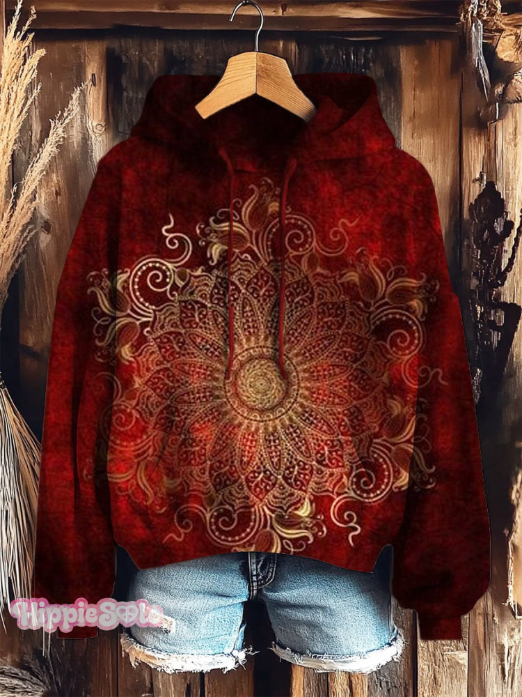 Women’s Bohemian Mandala Art Prints Casual Pocket Hooded Sweatshirt Multicolor / S
