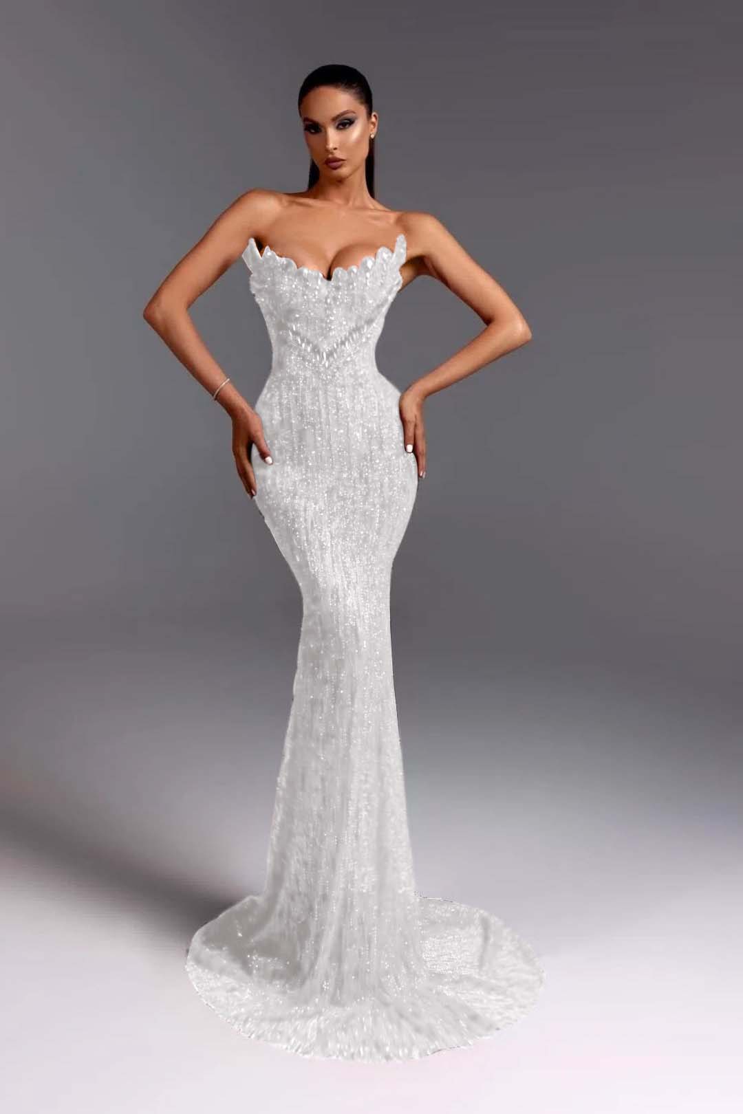 Daisda Sleeveless Strapless V-Neck Beads Mermaid Prom Dress