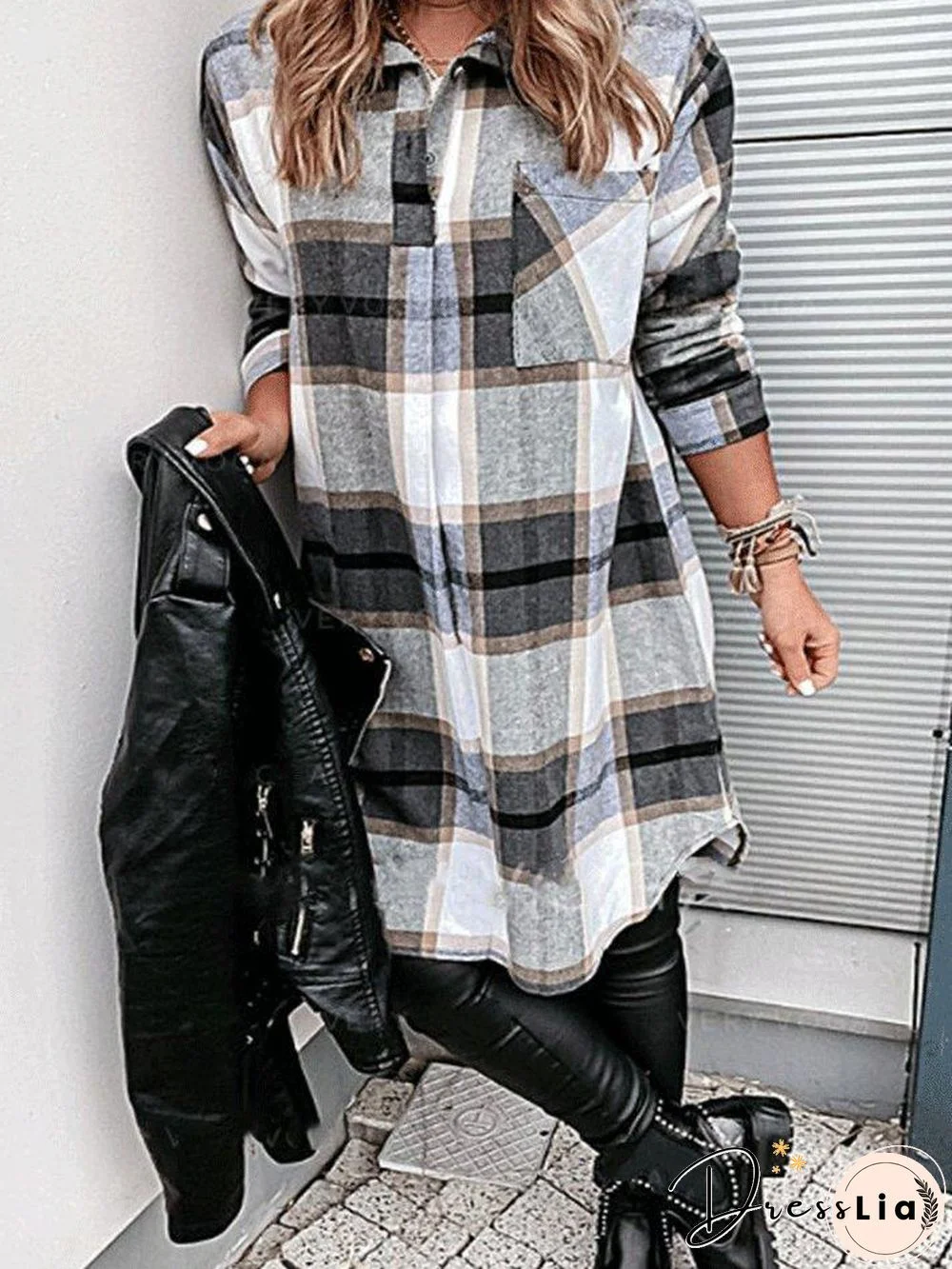 Plaid Pocket Long Sleeve Shirt Dress