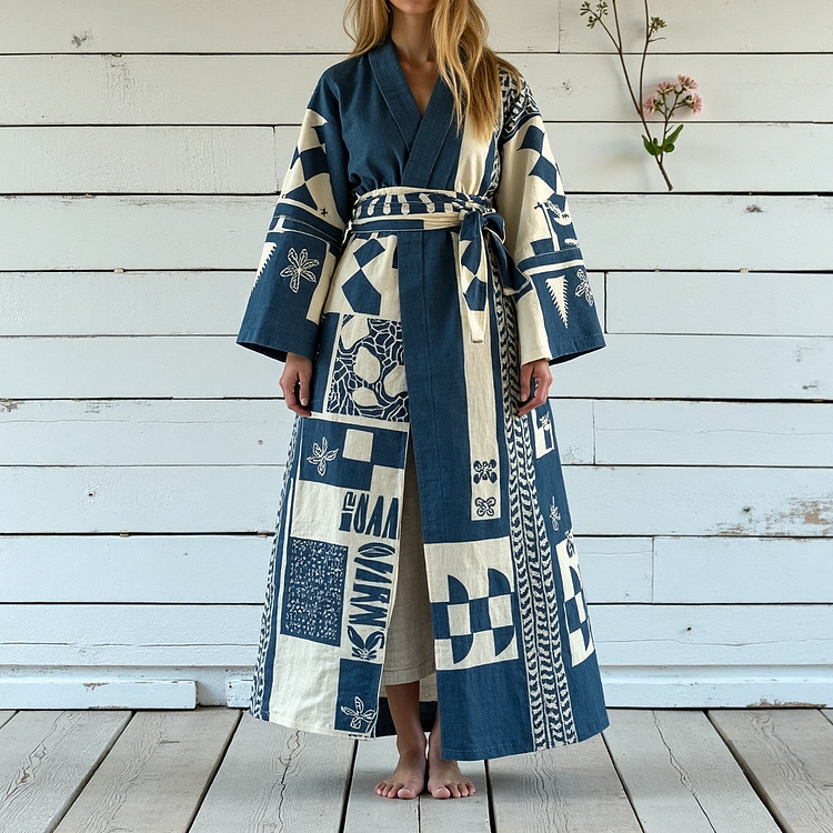 Utbros Women's Vintage Japanese Traditional Sashiko Art Linen V-neck Robe