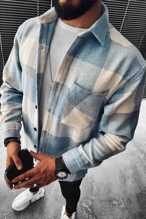 Tiboyz Blue Lapel Plaid Men's Shirt Jacket