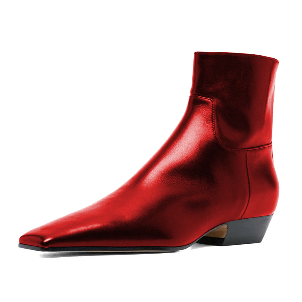 Fashion Red Metallic Square Toe Chunky Heel Booties for Women Nicepairs