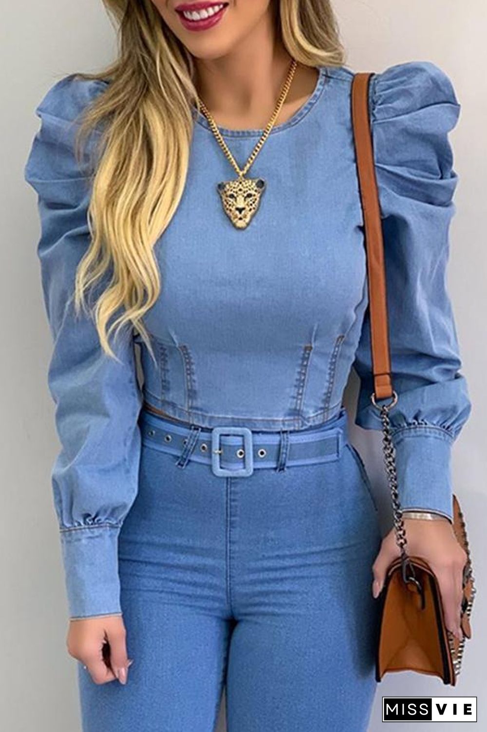 Puff Sleeve Round Neck Denim Blouse P14301